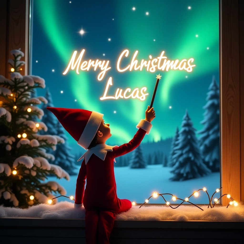 Enchanting Christmas scene. Elf on the shelf seen from behind. Elf in red and white attire, holding a magic wand. Writing 'Merry Christmas Lucas' in glowing script. Background features vibrant northern lights. Festive atmosphere captures holiday joy and wonder.