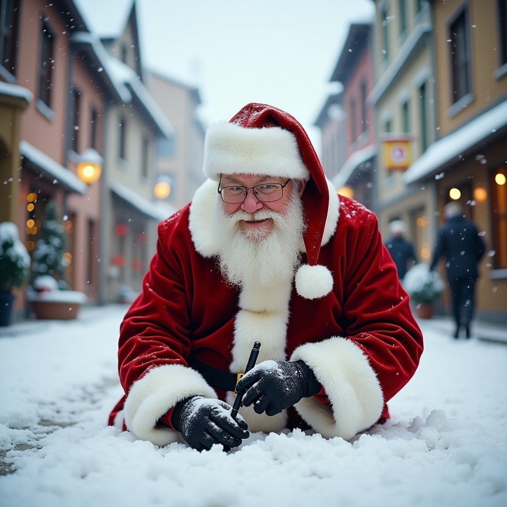 Santa Claus dressed traditionally writes in snow. Snow covers the charming street. Buildings reflect a festive atmosphere. Soft winter light enhances the scene.