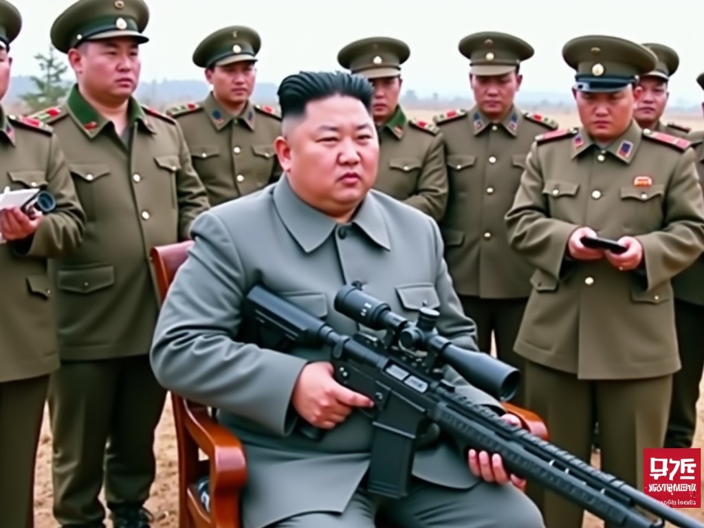 A military leader seated holding a firearm, surrounded by officers in uniform, outdoors setting.