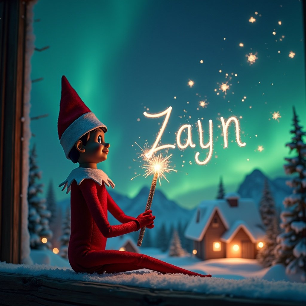 Dark skin elf back to viewer facing the sky. Elf using a wand to write Zayn in glowing letters. Background features magical Christmas scene with northern lights and cozy houses. Sparkler lights up the area.