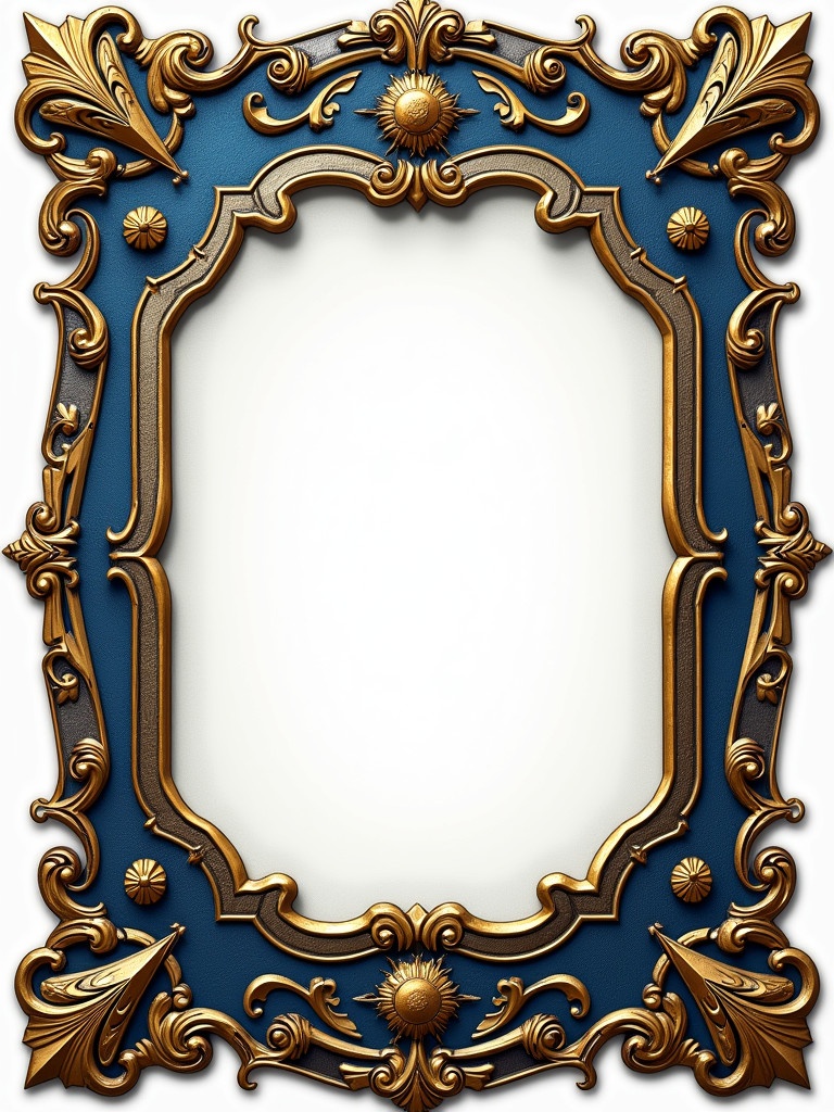 Ornate game card with a decorative frame. Gold and blue colors in the intricate baroque design. Floral and swirl patterns throughout the frame. Empty central area for designs. Card dimensions are 2.5 by 3.5 inches.