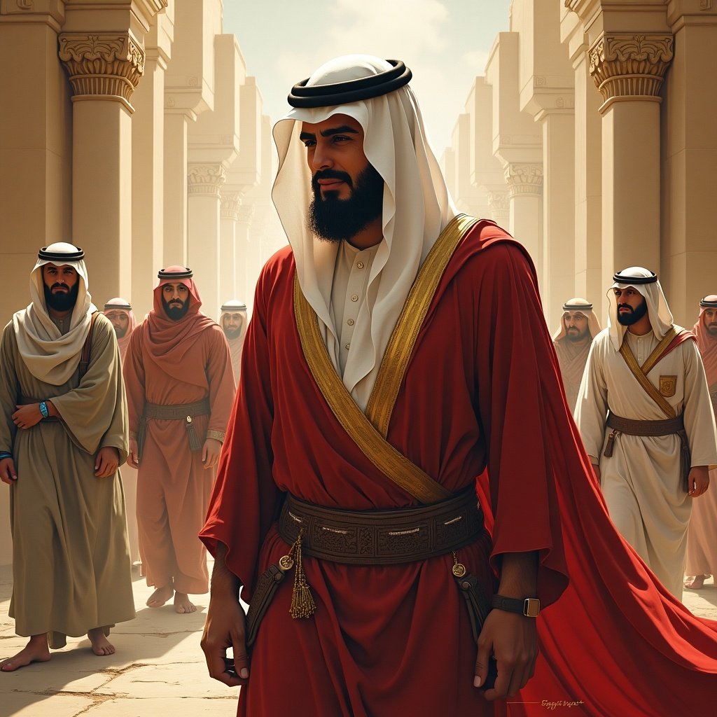 Image shows a group of people in traditional Middle Eastern attire. Central figure wears red robe, others in various colors. Setting reminiscent of ancient architecture and culture.