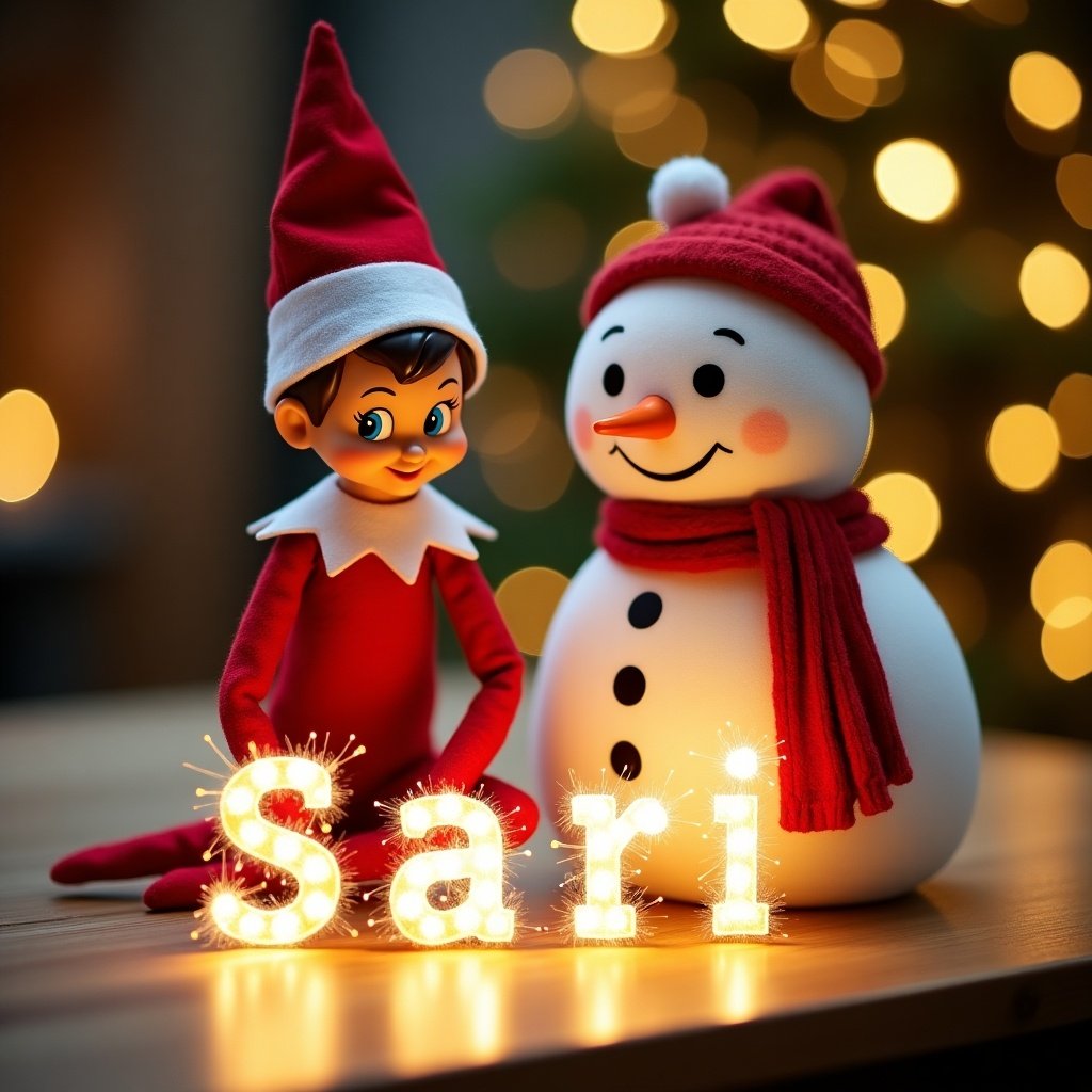 A cheerful elf on the shelf and a cute snowman are playing together during the Christmas season. They are sitting on a wooden table, surrounded by twinkling lights. The elf is wearing a classic red and white outfit, while the snowman has a friendly smile and a red scarf. Both characters are intently focusing on a set of sparkles that they are arranging to spell the name 'Sári'. It’s a warm, inviting scene that captures the holiday spirit.