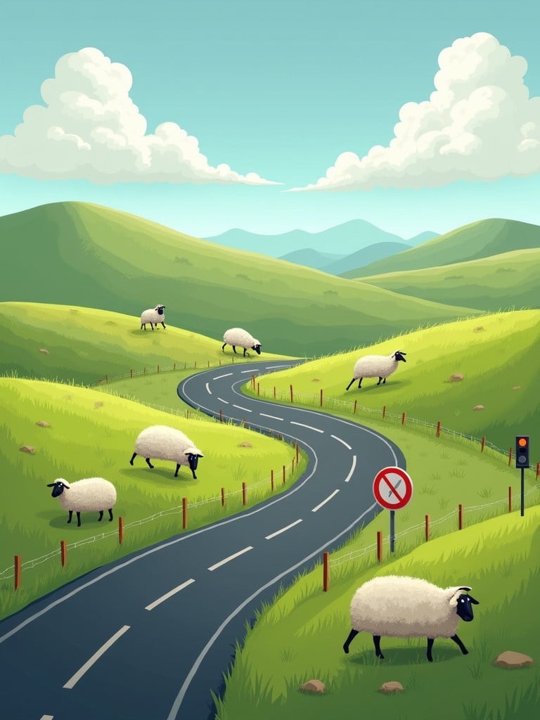 Create an illustration of a picturesque countryside landscape with rolling green hills. Include a winding highway in the foreground. Add grazing sheep across the grassy terrain. Some sheep should be humorously posed as if sitting or leaping. Insert a road signal indicating no speed limitations. In the under-right corner, add typography 'Accelerate your LLM with FriendliAI'.