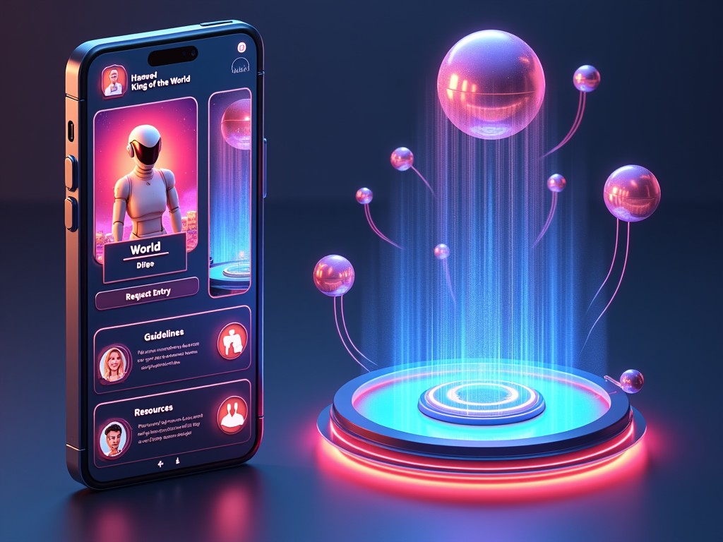 This image showcases a futuristic social media app interface where users can create virtual worlds instead of traditional profiles. The screen prominently features a 'World' profile highlighted by a 3D environment filled with interactive elements. An AI avatar, titled 'King of the World,' represents the user, while a floating holographic figure serves as an assistant, guiding visitors. Buttons displaying 'Request Entry,' 'Guidelines,' and 'Resources' emphasize the app's usability. Its sleek, minimalist design is accentuated by vibrant neon colors and energizing holographic effects. Overall, the app exudes an immersive, dynamic, and tech-forward vibe, resembling a portal to different realms.