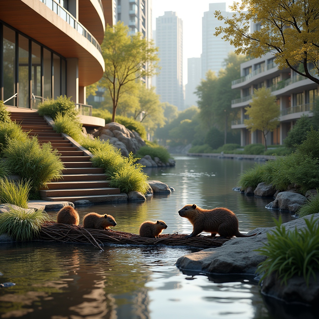 A picturesque urban creek winds through a modern city. A riverbank staircase descends into the water. A beaver family constructs a dam with branches. Baby beavers assist their parents. Water flows around their work. The scene is lit by warm golden light reflecting off buildings. High detail and ultra-realistic textures are visible.