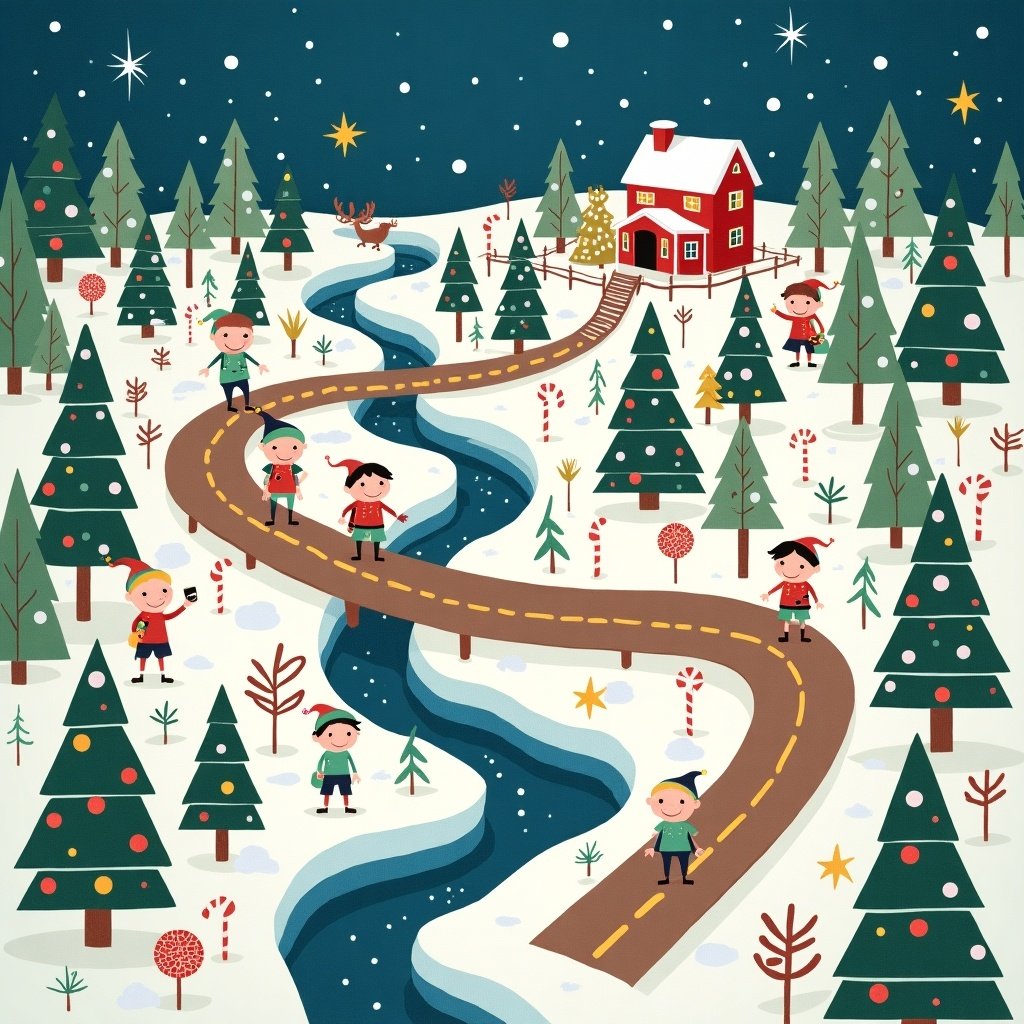 A whimsical map illustrates the elves' journey from Santa's workshop to home. The scene features snowy forests. The image includes candy cane bridges and a cocoa river flowing through the landscape. Stars twinkle in the night sky guiding the way to the house. The road is named Clearview Lane.