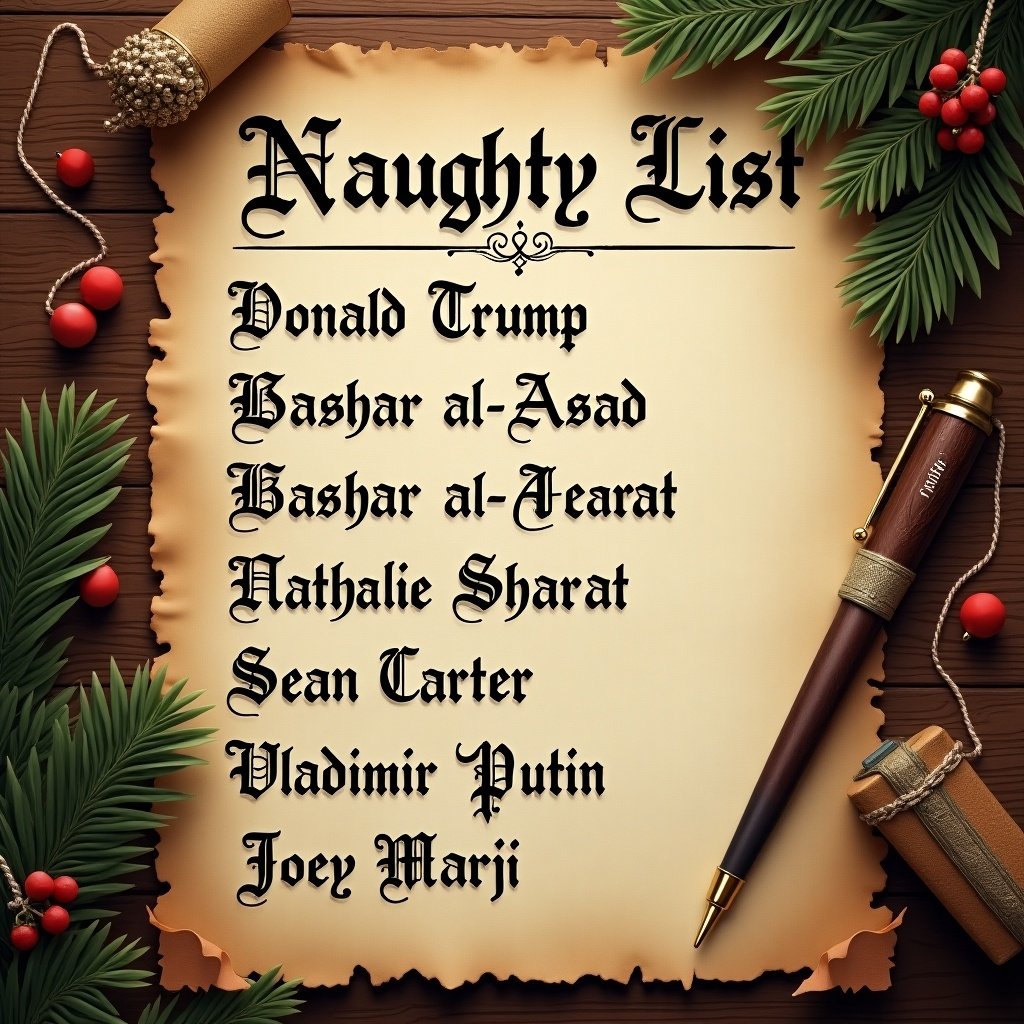 A festive Naughty list displayed on parchment. The list includes individuals known for controversy. The scroll features decorative pine leaves and red berries. A vintage pen lies beside the scroll.