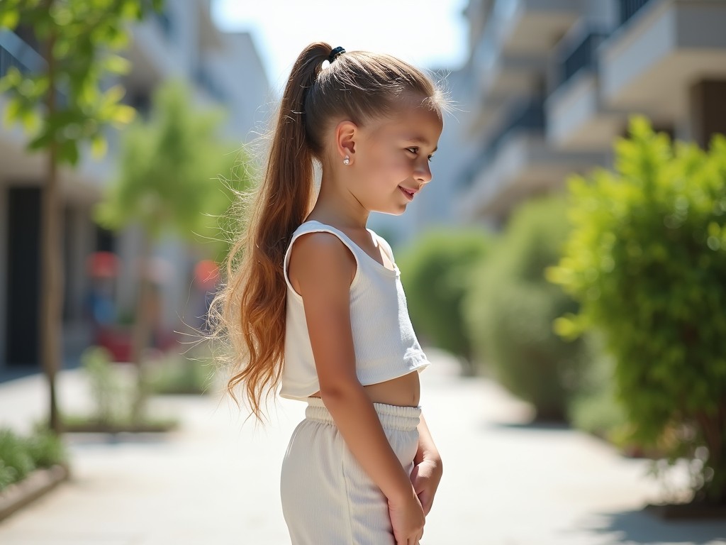 The image depicts a young girl with long, flowing hair tied in a ponytail, wearing a white two-piece outfit. She is standing outdoors, turning slightly and smiling softly. The urban background features buildings and greenery, providing a relaxed, summery atmosphere. The girl's bright smile and playful stance evoke feelings of joy and innocence. This delightful moment captures the essence of childhood in a vibrant setting.