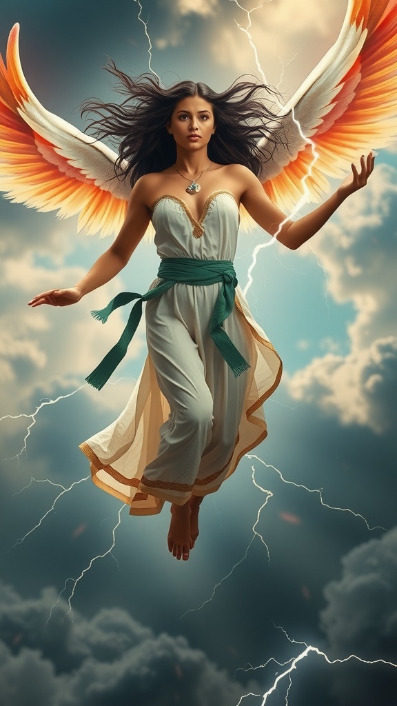 A serene depiction of a mystical woman with angelic wings, ascending through stormy skies. The striking contrast of her white and orange wings against the dark, cloudy backdrop creates a sense of power and tranquility. Her flowing dress and the electric energy of lightning around her evoke a feeling of divine presence.