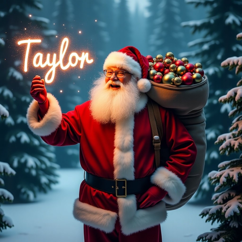 A joyful Santa Claus in vibrant red outfit stands in a snowy landscape. He has a fluffy white beard and holds a glow stick writing 'Taylor' in sparkling letters. A large sack filled with colorful ornaments emphasizes the festive spirit. The scene is illuminated with a warm, magical glow.