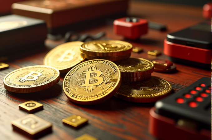 Gold coins with a Bitcoin symbol on a wooden table surrounded by tech gadgets.