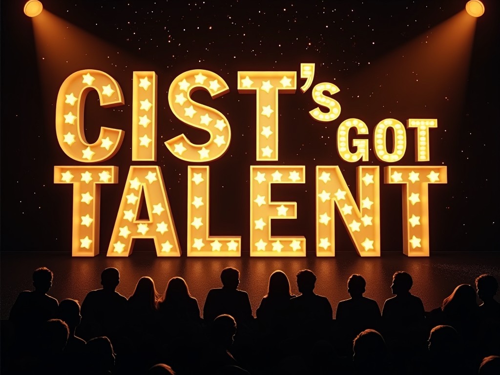 This image showcases a vibrant and bold typographic statement reading 'CIST's GOT TALENT'. The design draws inspiration from popular talent shows, featuring a large star-shaped 'O'. The backdrop is filled with silhouettes of an audience, adding a layer of excitement. The effective use of lighting enhances the glamour of the scene. The colors are dominated by glittering black and orange, creating an inviting atmosphere for talent performances. This setting reflects a modern aesthetic perfect for promotional uses.