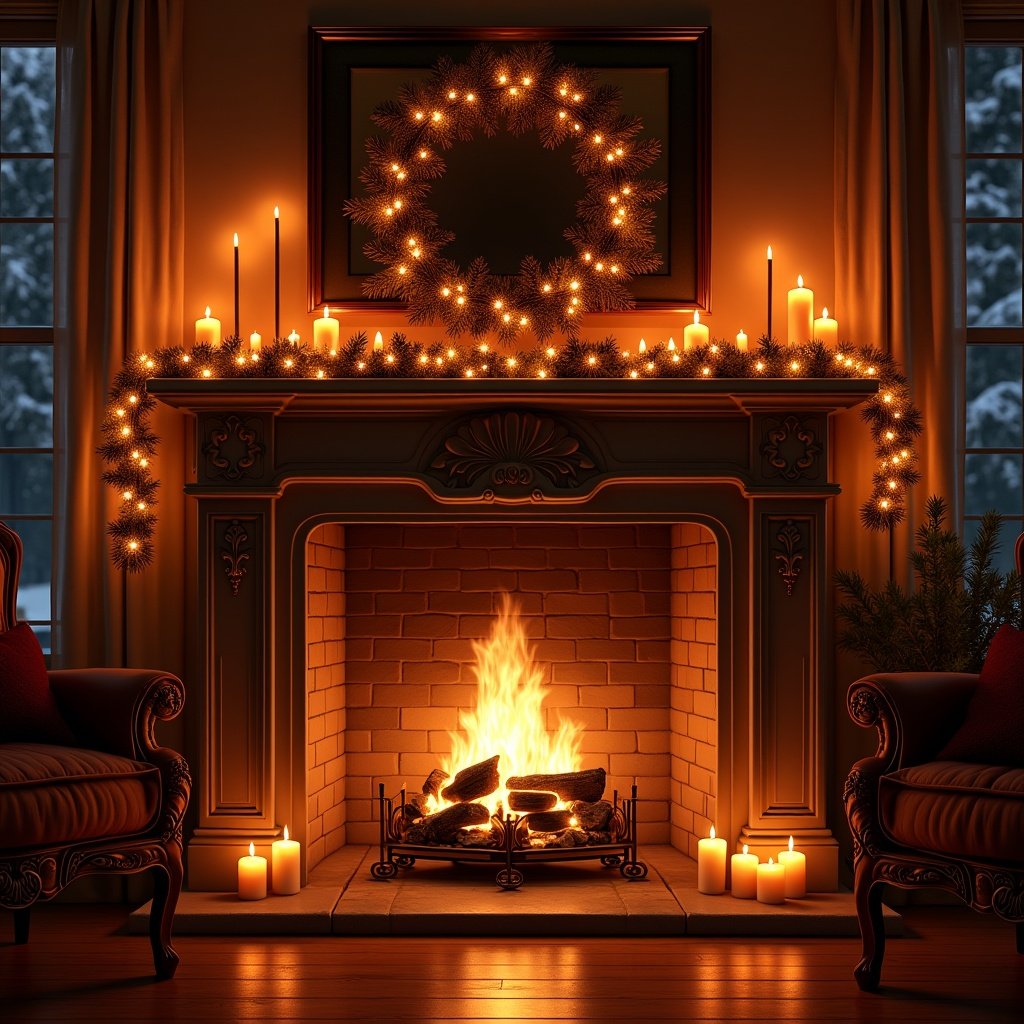 Cozy fireplace decorated for Christmas with burning ambers and soft candlelight. Warm atmosphere ideal for holiday gatherings. Features garlands and a wreath on the mantle.