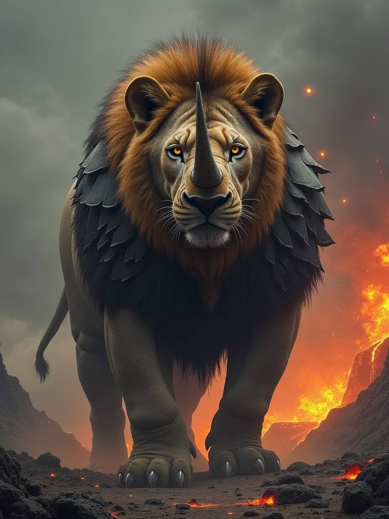 Massive hybrid creature combining lion and rhino features. Thick armored skin has powerful horn. Fierce lion-like eyes stare directly at viewer. Background depicts an apocalyptic wasteland with volcanic eruptions and dark skies. Intense atmosphere with lava streams present. Outfit includes subtle golden accents reflecting shimmer of her eyes.