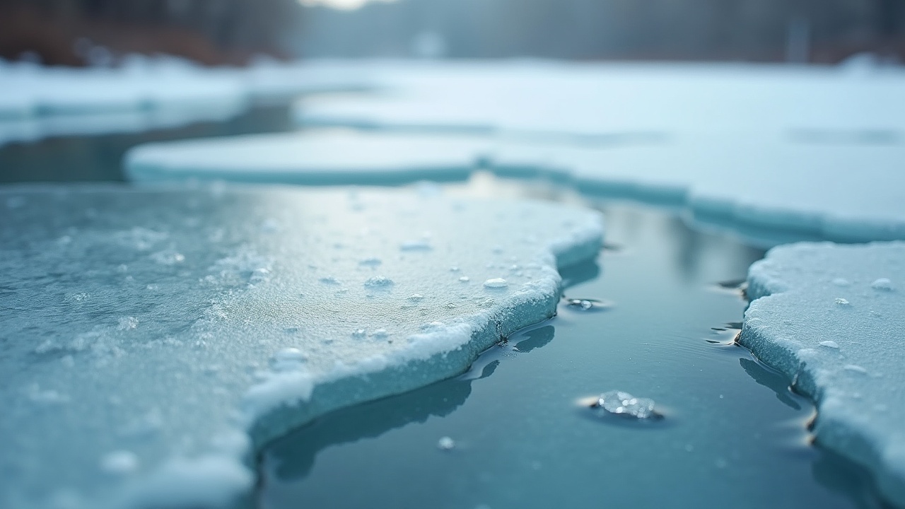 This image captures a cinematic close-up shot of an ice surface on a river. The thin ice creates rich details, showcasing the texture and clarity of the frozen layer. Natural light bathes the scene in soft illumination, enhancing the serene winter atmosphere. There's an effect akin to film color correction, imparting a subtle emotional depth to the image. The photograph emphasizes realistic attributes, drawing viewers into the tranquil beauty of nature.