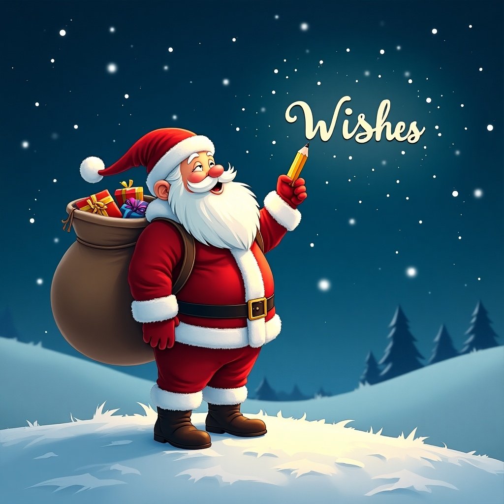 Santa Claus stands on a snowy hill. He is under a starry night sky. Santa is holding a pencil and looking up. He is writing wishes in the sky. He is dressed in red and white attire. Santa has a large sack filled with gifts.