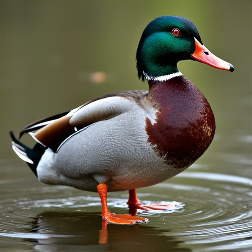 A male mallard duck stands serenely in calm water. The duck exhibits vibrant colors including green and orange. The background is softly blurred emphasizing the calm nature of the scene.