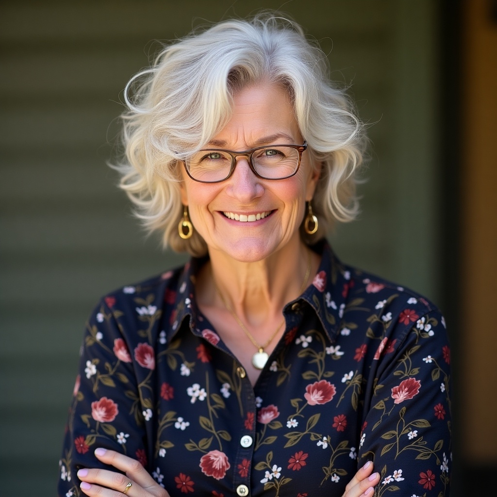 Portrait of a woman wearing a floral patterned shirt. She stands confidently with arms crossed. The background is softly blurred. Natural light highlights her hairstyle and outfit. Focus on her shoulders and upper body.