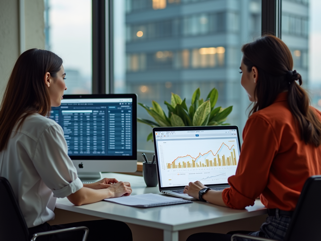 Two women in an office setting discuss financial data displayed on a computer and a laptop, with a modern city view in the background.