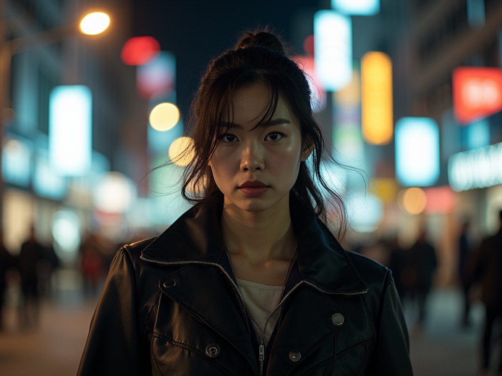 The image depicts a person standing in the foreground, illuminated by the bright lights of an urban street, likely at night. The blurred background creates bokeh effects, enhancing the city ambiance with various colored lights and signs. The subject's expression is serious, matching the vividly lit, bustling city surrounding them.