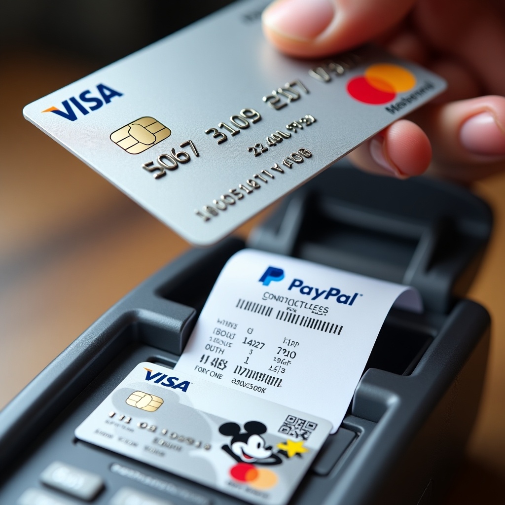 A realistic image of a credit card, showcasing its details clearly. The card has Visa logo prominently displayed. The card number is visible. A close-up view of a hand using a credit card for contactless payment above a payment machine. The background is neutral. A PayPal receipt is shown for a transaction. The total amount paid is listed. Details include cardholder name, expiry date, and modern design elements.