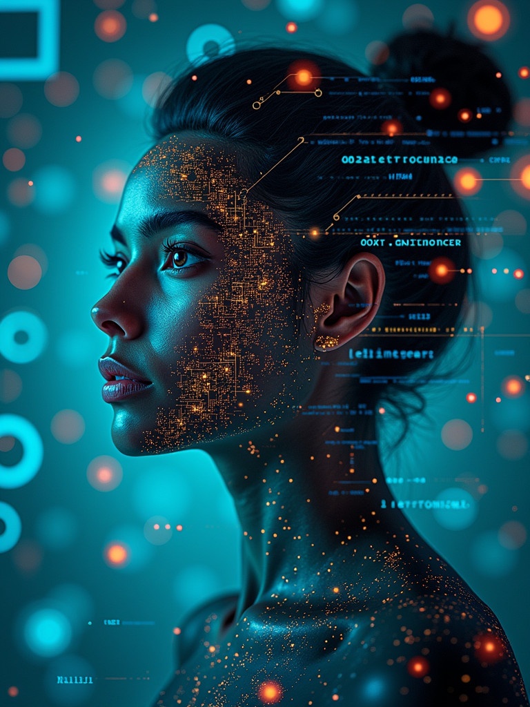 A portrait of a person surrounded by digital elements. Futuristic themes are integrated with circuit patterns and binary codes in the background. The image reflects innovation and connectivity. It shows the fusion of human and technology.