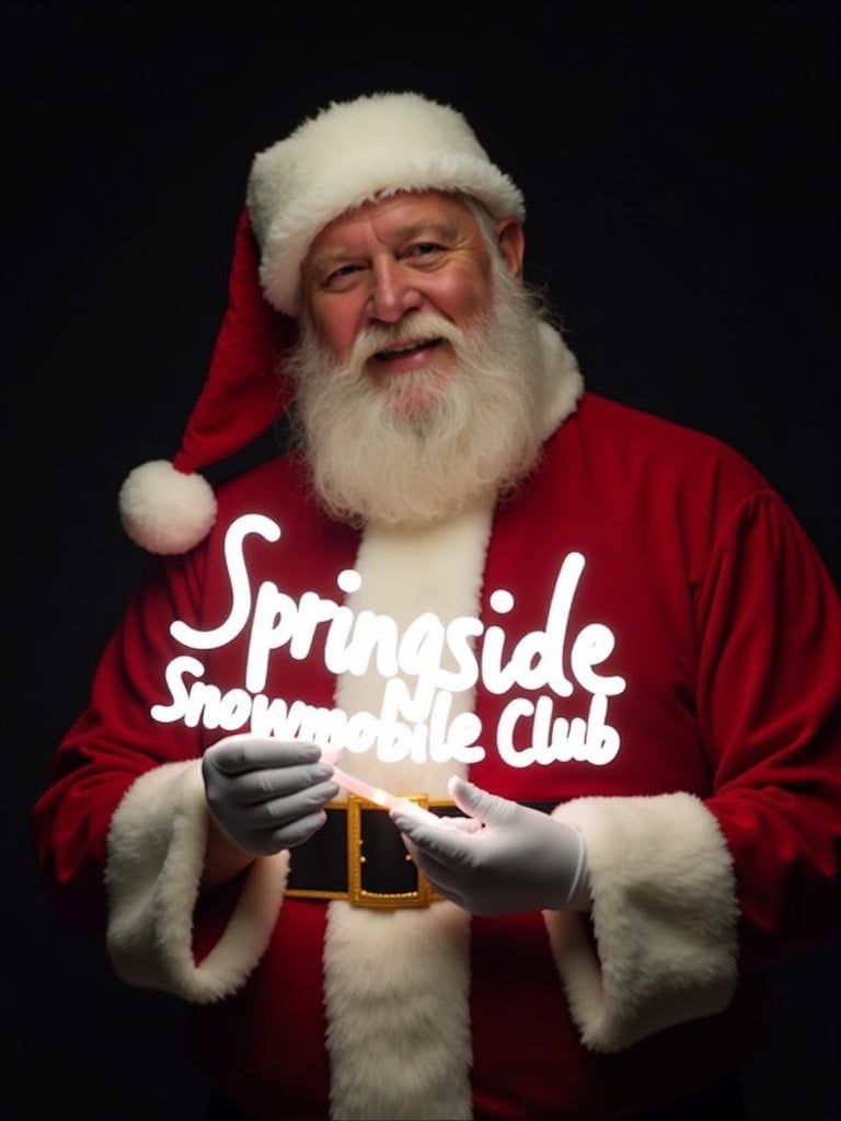 Image of Santa Claus in red and white suit. He holds a glow stick forming the name 'Springside Snowmobile Club.' The background is dark, highlighting the light. Santa appears jolly and festive.