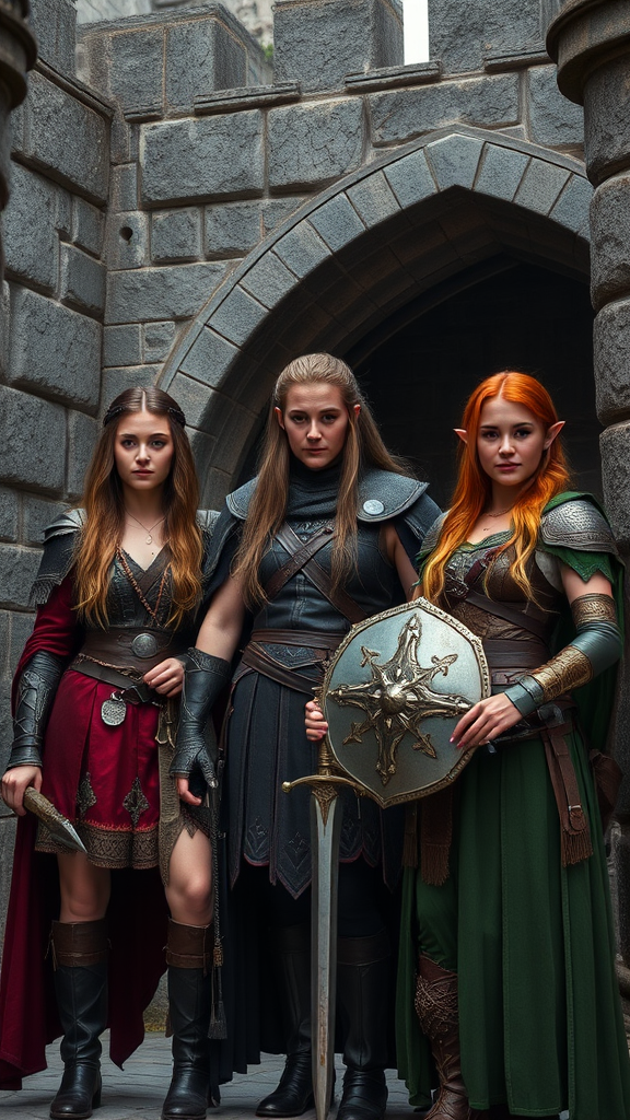 Three fantasy warriors stand confidently in medieval armor within a stone castle setting.