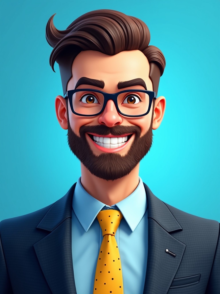 Image of a man with a nice beard and glasses wearing a formal suit and tie. The background is vibrant blue. The character has a friendly smile and a professional demeanor. He appears well-groomed with neatly styled hair and a confident expression. The suit is dark patterned complemented by a light blue shirt and a yellow tie with small dots. The overall vibe is professional and approachable.