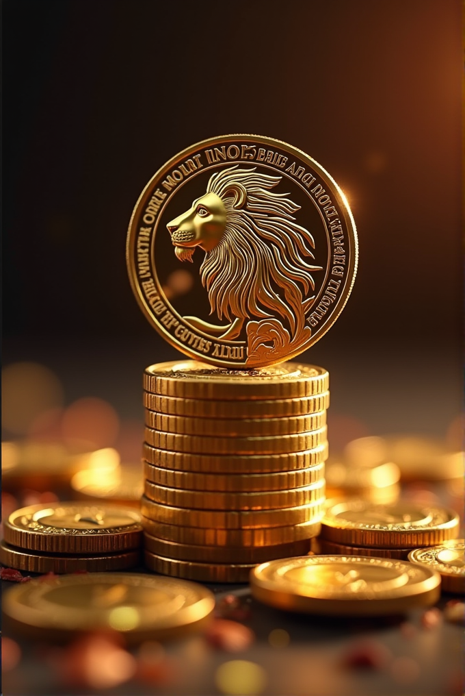 A stack of golden coins with a prominent coin displaying a lion's head design, set against a warm, glowing background.