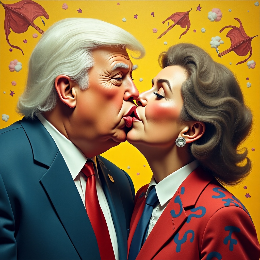 The image depicts a humorous and exaggerated portrayal of a kiss between Donald Trump and a character resembling Kamala Harris. They are intertwined in a playful manner, set against a vibrant yellow background filled with whimsical elements like clouds and stars. Trump's signature hairstyle and suit contrast with her stylish attire and hairstyle. The overall tone is light-hearted and satirical, capturing the essence of political caricature. The colors are bold and eye-catching, making it a striking piece of art.