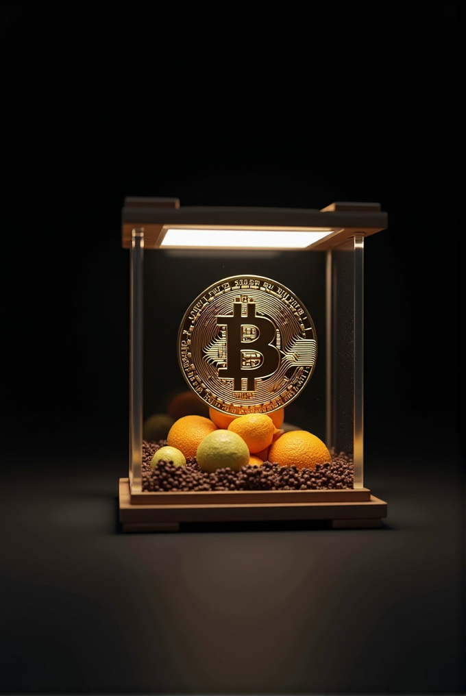 A gold Bitcoin symbol displayed inside a transparent glass box, surrounded by oranges and small brown spheres on a dark background, illuminated from above.