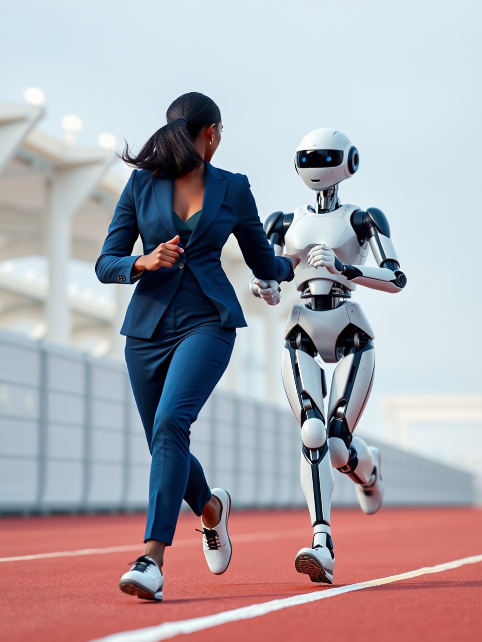 A woman in a business suit jogging alongside a humanoid robot on a track.