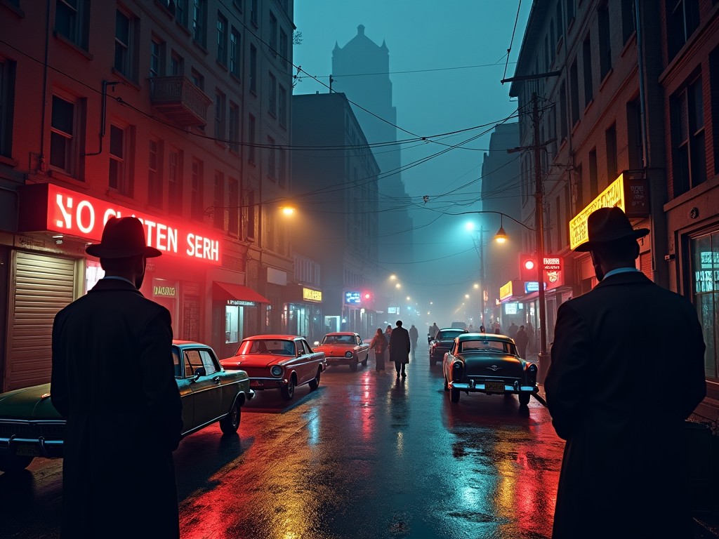 The image depicts a foggy street scene reminiscent of a mafia city. Dark silhouettes of men in trench coats stand against a backdrop of neon-lit shops and vintage cars. The street is wet, reflecting the glow of the signs, creating an atmospheric and cinematic vibe. Soft blue and red lighting adds to the mysterious and dramatic feel of the setting. This visual captures the essence of crime and intrigue often associated with mafia culture in urban environments.