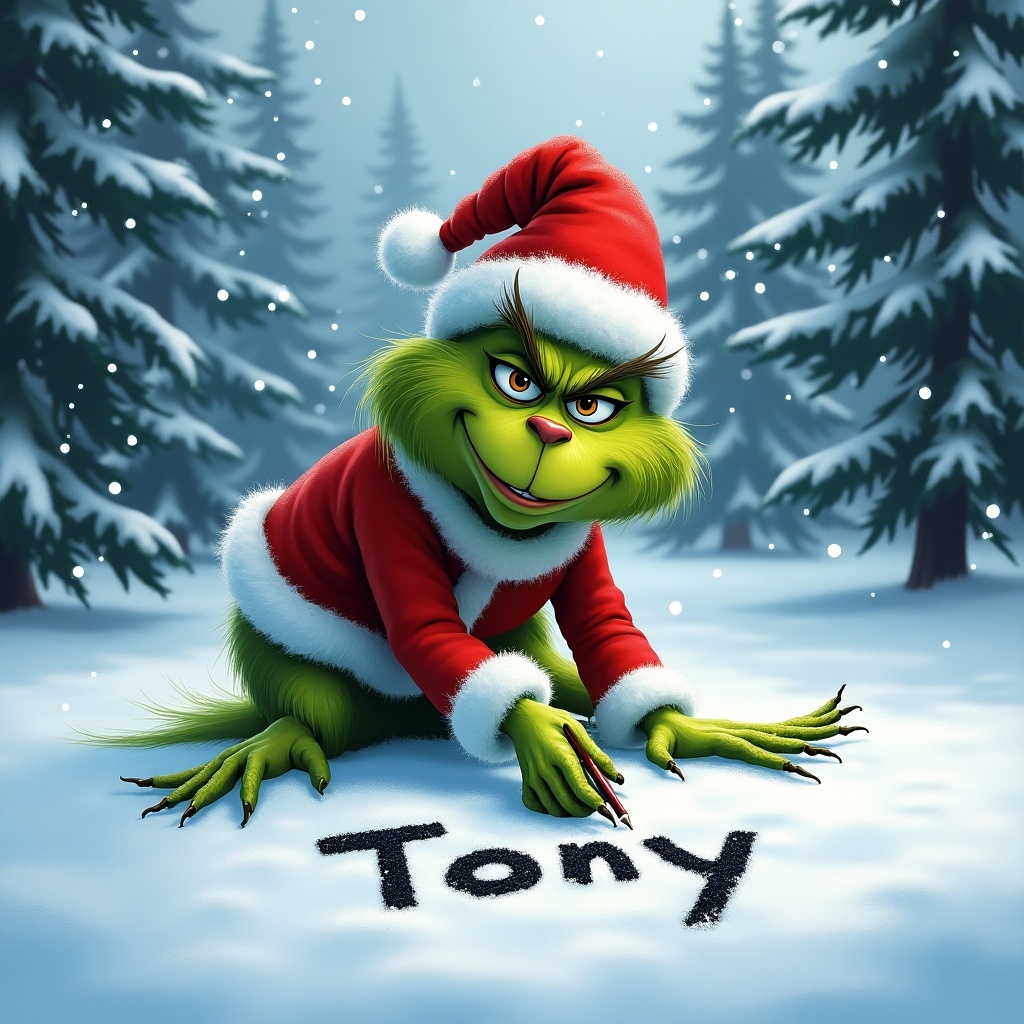 Grinch wearing Santa suit writes name in the snow. Snow falls gently. Tall snow-covered trees surround the scene. Grinch shows a cheerful expression. Captures holiday charm and magic.