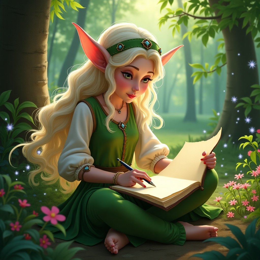 An enchanting elf named RaeLynn is sitting in a serene forest. She has long, flowing blonde hair and large ears characteristic of elves. Dressed in a vibrant green gown, she is deeply focused, writing in a large open book on her lap. Surrounding her are delicate flowers and lush foliage, adding to the magical atmosphere. The soft light filters through the trees, illuminating her peaceful expression and the sparkles around her. This scene embodies fantasy and creativity.