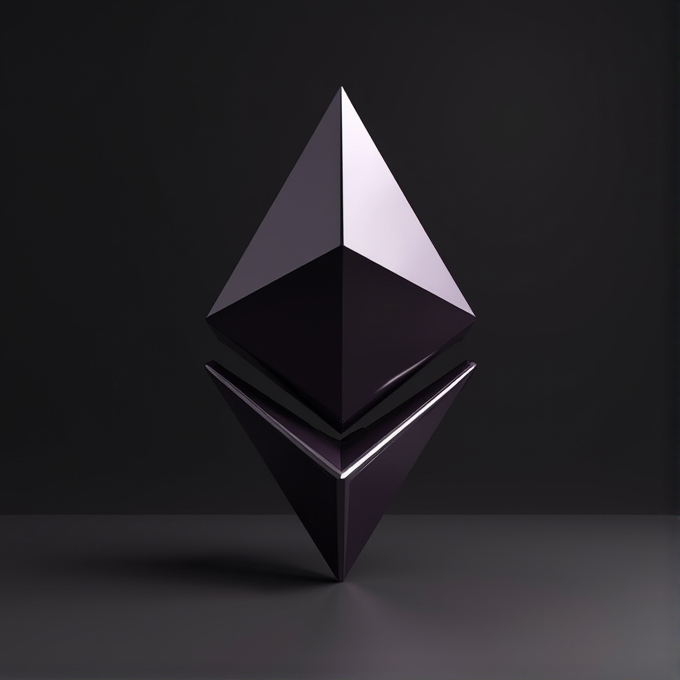 A shiny, dark geometric shape resembling two pyramids, one inverted, with a sleek reflective surface against a dark background.