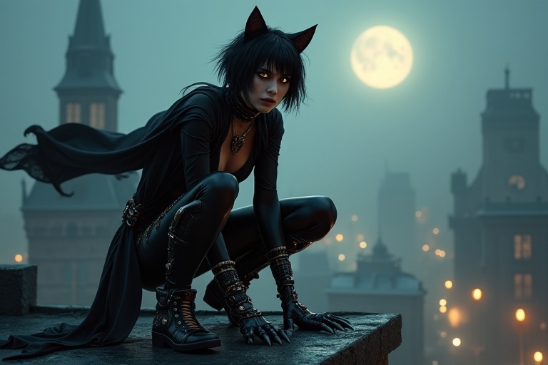 A cat burglar with short black hair crouches on a gothic rooftop under the full moon. She wears a tight leather catsuit with steampunk details and has a flowing dark cape. Boots have claw extensions. The cityscape features tall gothic cathedrals and dim gas lamps.