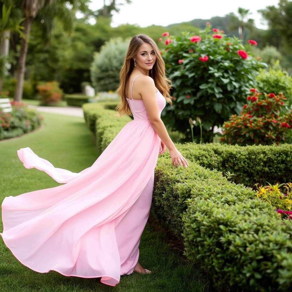 A woman in a flowing pink dress stands in a lush garden surrounded by vibrant flowers.