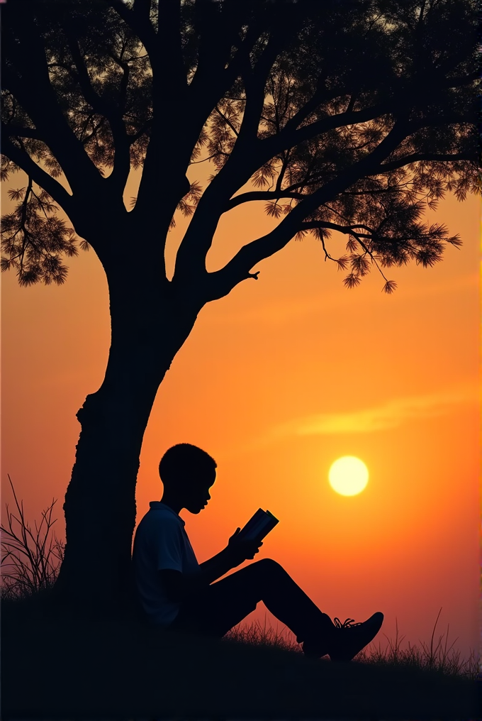 A person sits under a tree, reading, with a vibrant sunset in the background.