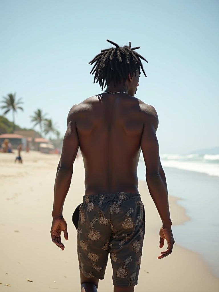 Black man with dreadlocks walks toward the ocean on a sandy beach. Palm trees are visible in the background. Bright daylight and clear skies enhance the vibrant beach atmosphere.