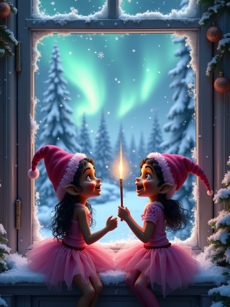 Cheerful dark girl elves sitting by a window during winter. Gaze at northern lights in the sky. Holding a wand spelling Amiyah and Melody. Excited expression. Window ledge adorned with snow and holiday decorations. Outside snow-covered trees create magical atmosphere. Captures anticipation of Christmas and enchantment of winter. Elf wearing pink tutu.