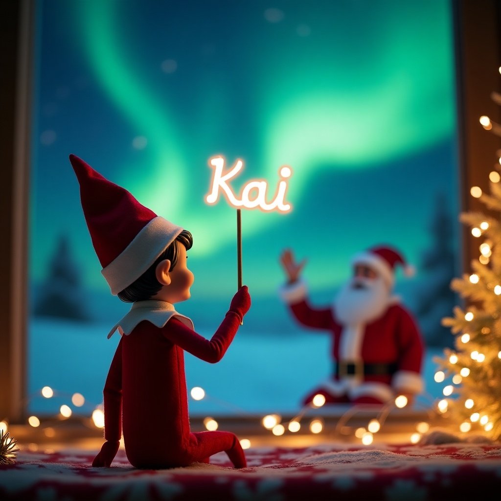 This enchanting image shows an Elf on the Shelf facing a stunning sky filled with the northern lights. The elf, dressed in classic holiday attire, is spellbindingly writing the name ‘Kai’ in the air using a magic wand. In the background, Santa Claus joyfully waves to the elf, creating a magical Christmas ambiance. The setting includes a beautifully decorated Christmas tree adorned with twinkling lights. The entire scene radiates warmth, joy, and the spirit of holiday cheer, inviting viewers into a world of imagination and festivities.