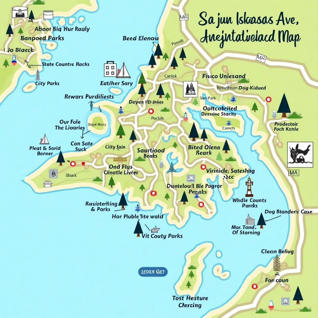 Illustrated design map of San Juan Islands from 20th block of Commercial Ave, Anacortes WA. Tourist related points of interest visible such as libraries, city, state and county parks, dog parks, whale watching, and public beaches.