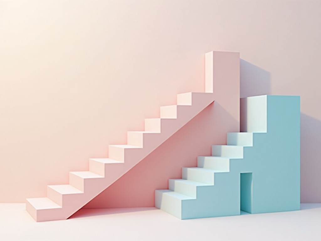 The image depicts a minimalist 3D arrangement of staircases and colored blocks. The staircases are designed in soft pastel hues, creating a calming visual effect. One staircase is pastel pink, while the other is pastel blue. The blocks are arranged to form a geometric shape with one set of stairs ascending. This artwork emphasizes simplicity and modern design, making it suitable for various artistic applications.