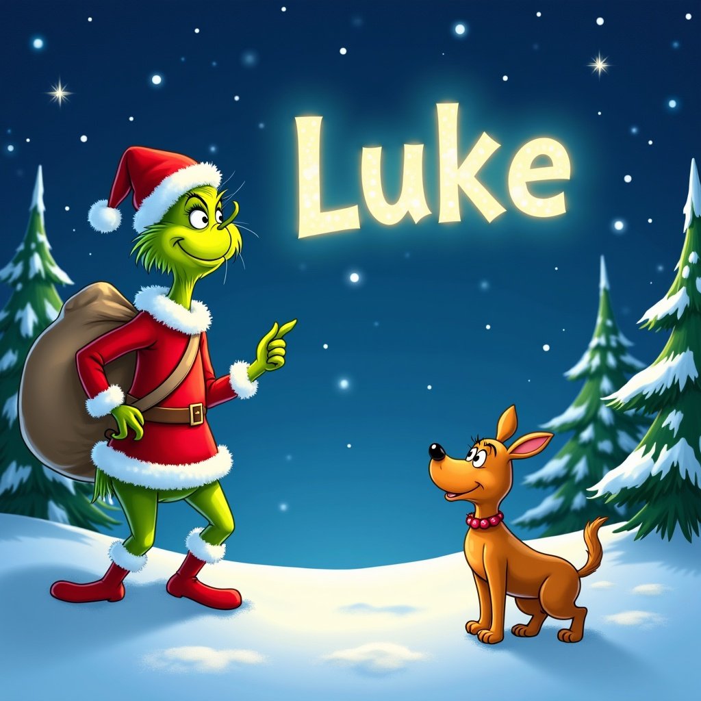 Charming snowy landscape featuring a cheerful Grinch writing 'Luke' in glowing letters. Festive red outfit with white trim. Large sack over shoulder. Friendly dog named Max beside him. Deep blue night sky with twinkling stars and falling snowflakes. Pine trees surrounding them.