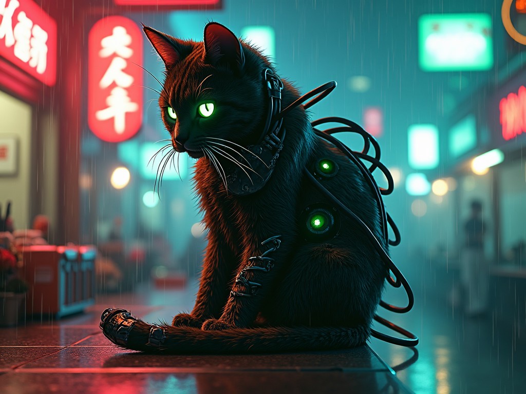 A cybernetic cat in a neon-lit city environment with rain, displaying glowing green eyes and technological implants, amidst a background of blurred urban signage.