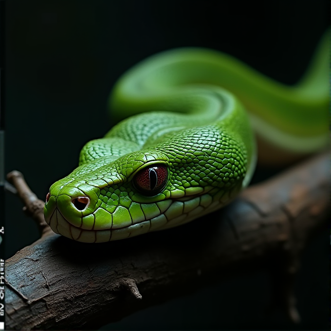 A bright green snake rests on a branch.