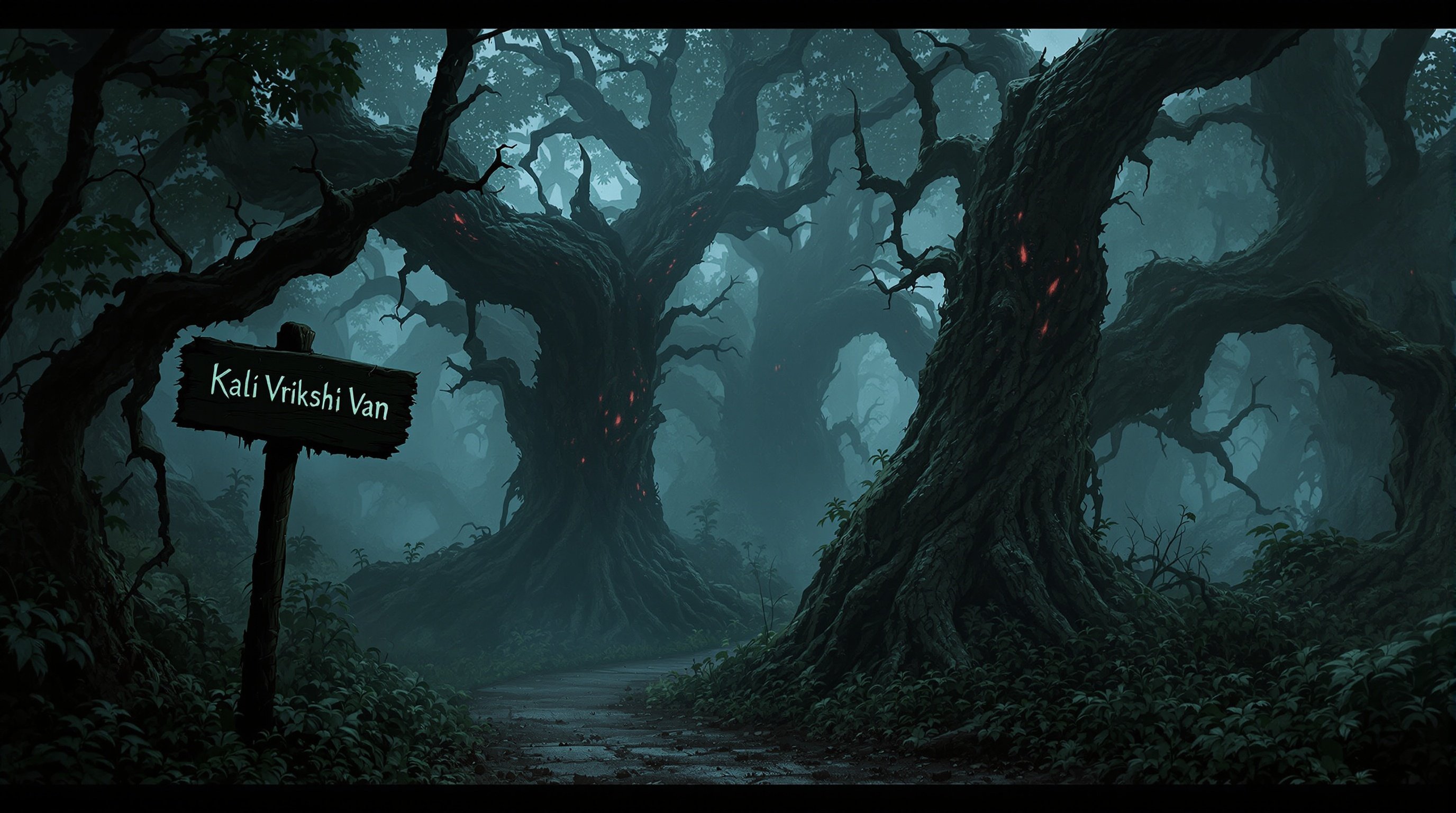 Dark eerie forest named Kali Vrikshi Van with ancient twisted trees and mist. Ground covered in mist with faint red glowing markings on trees. Overgrown path leads into forest with decaying wooden signpost. Shadows and whispers evoke mystery and dread.